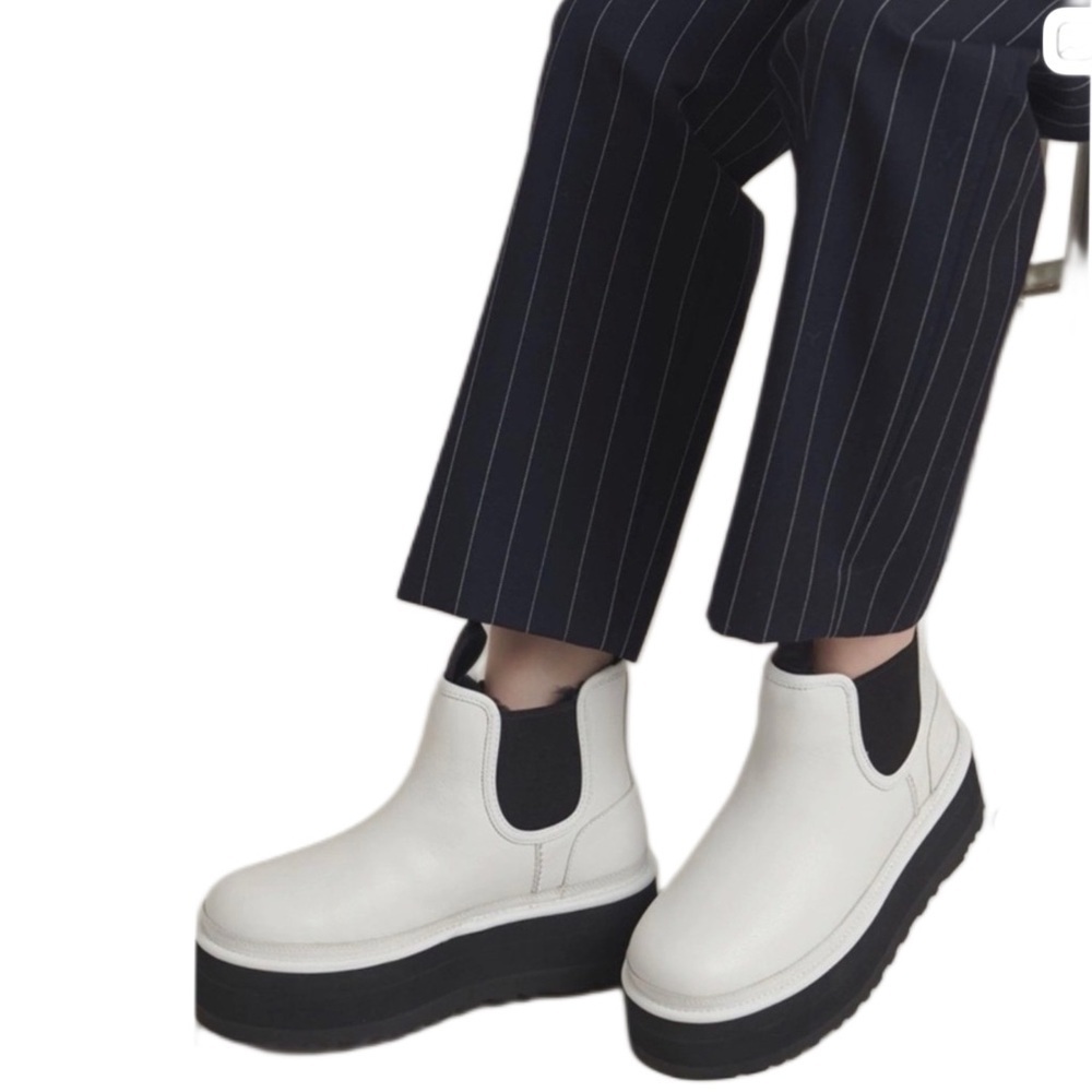 UGG Neumel Platform Pebbled White and Black Plush Chelsea Leather Boots